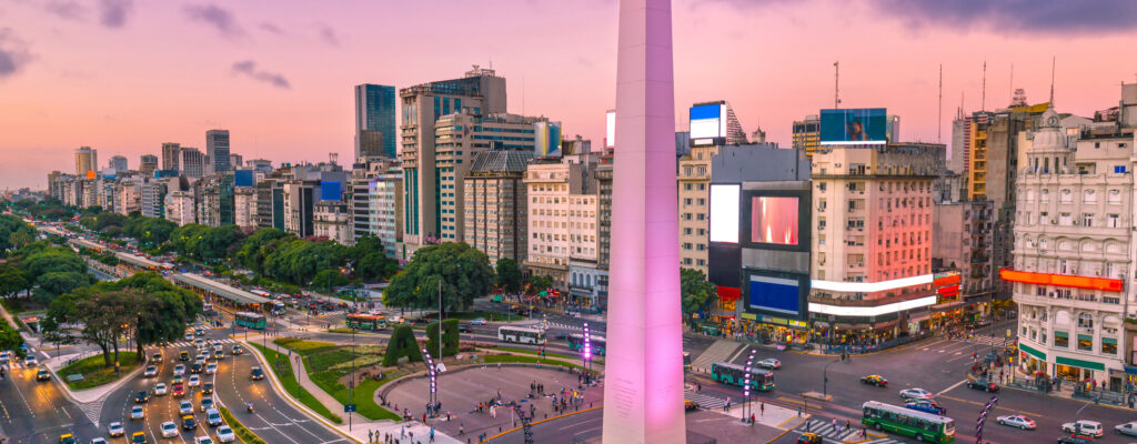 Plaza de la Republica in the centre of Buenos Aires with the Obelisco, one of the main symbols of the capital of Argentina at dawn with heavy traffic